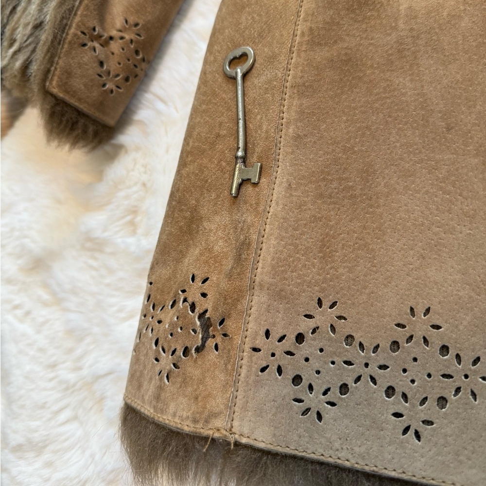 🌻Vintage 90s Y2K Faux Fur Lined DB Studio Tan Leather Penny Lane Vibes Coat✨ - Picture 16 of 16